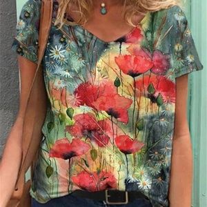 Red POPPY DAISY floral neck t-shirt red green blue size M.  NWOT